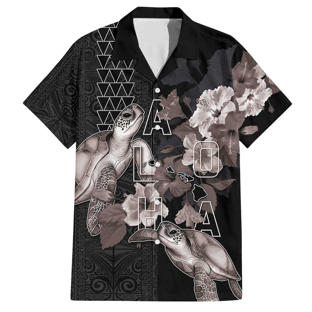 Hawaii Aloha Turtle Hibiscus and Leaves Family Matching Puletasi and Hawaiian Shirt with Polynesian and Kakau Tattoos Black Color - Polynesian Pride