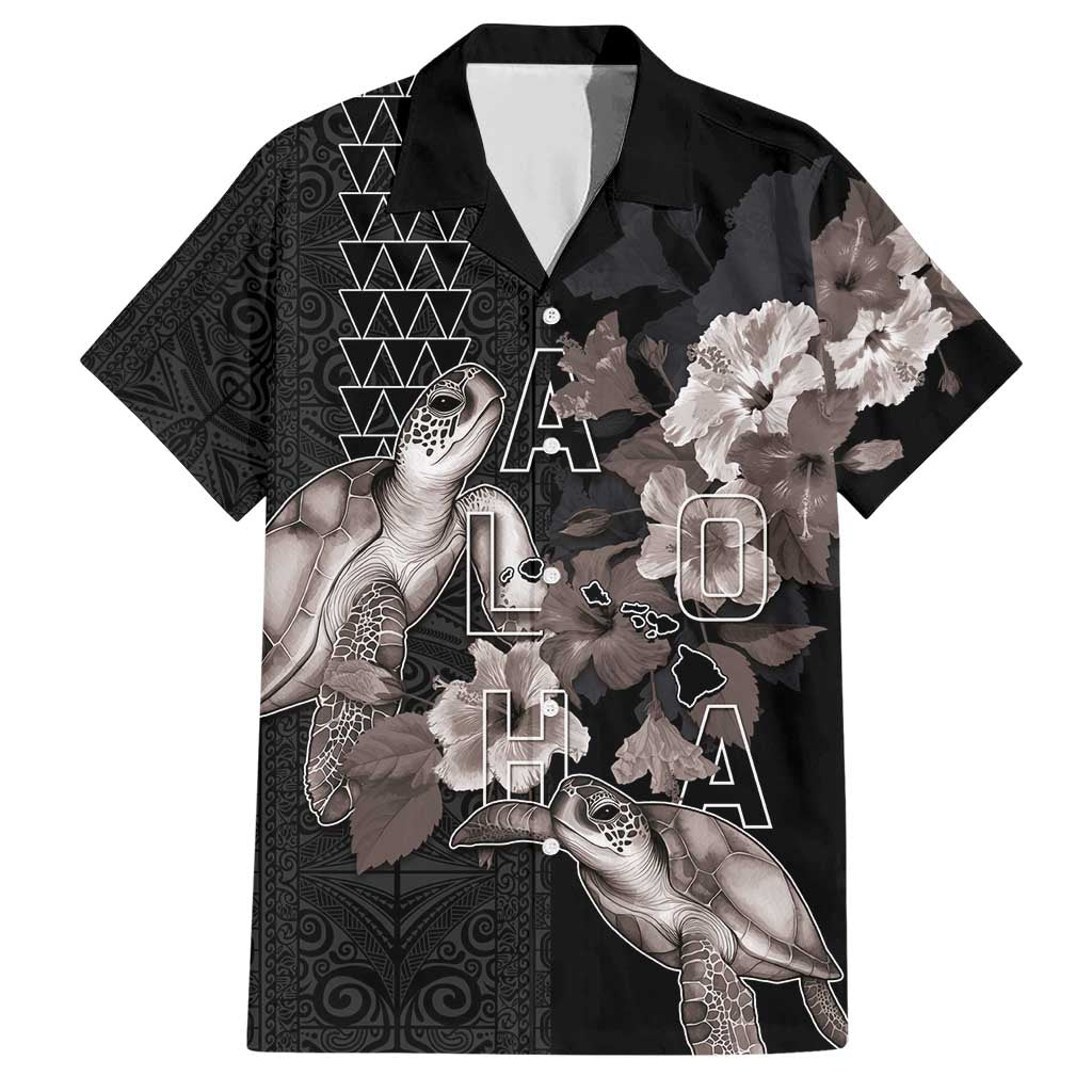 Hawaii Aloha Turtle Hibiscus and Leaves Family Matching Short Sleeve Bodycon Dress and Hawaiian Shirt with Polynesian and Kakau Tattoos Black Color - Polynesian Pride