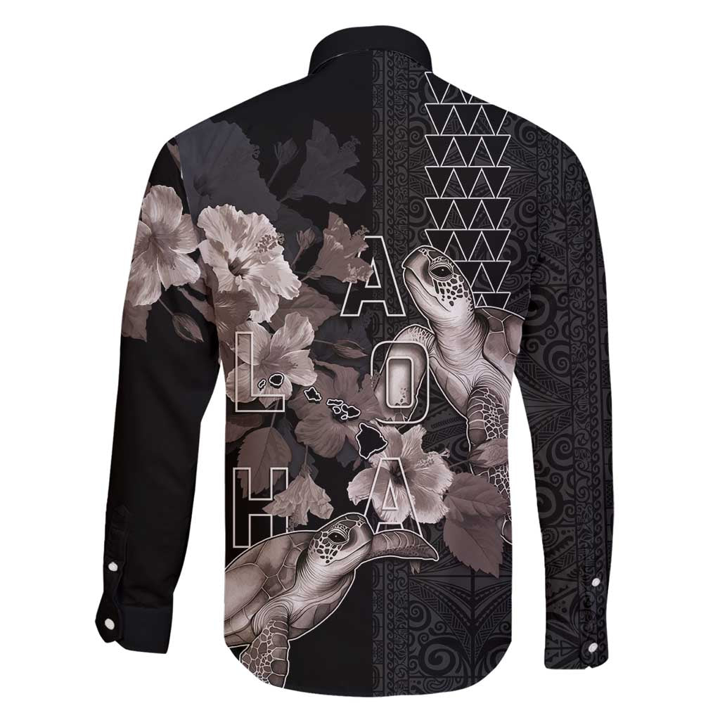 Hawaii Aloha Turtle Hibiscus and Leaves Family Matching Tank Maxi Dress and Hawaiian Shirt with Polynesian and Kakau Tattoos Black Color - Polynesian Pride