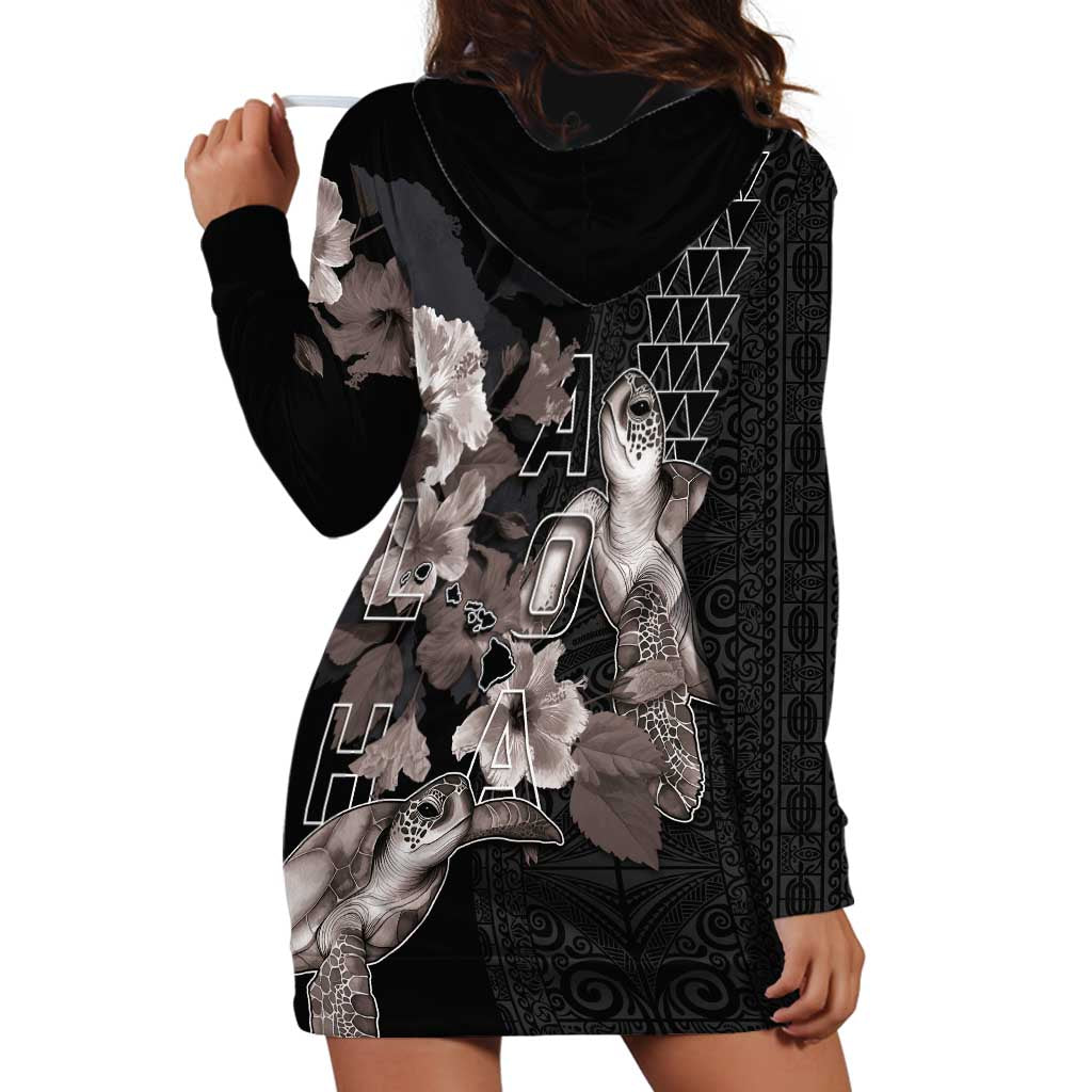 Hawaii Aloha Turtle Hibiscus and Leaves Hoodie Dress with Polynesian and Kakau Tattoos Black Color - Polynesian Pride