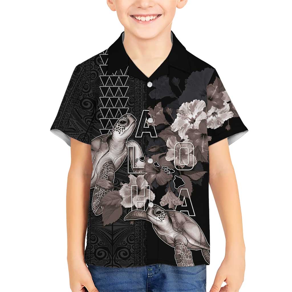 Hawaii Aloha Turtle Hibiscus and Leaves Kid Hawaiian Shirt with Polynesian and Kakau Tattoos Black Color - Polynesian Pride