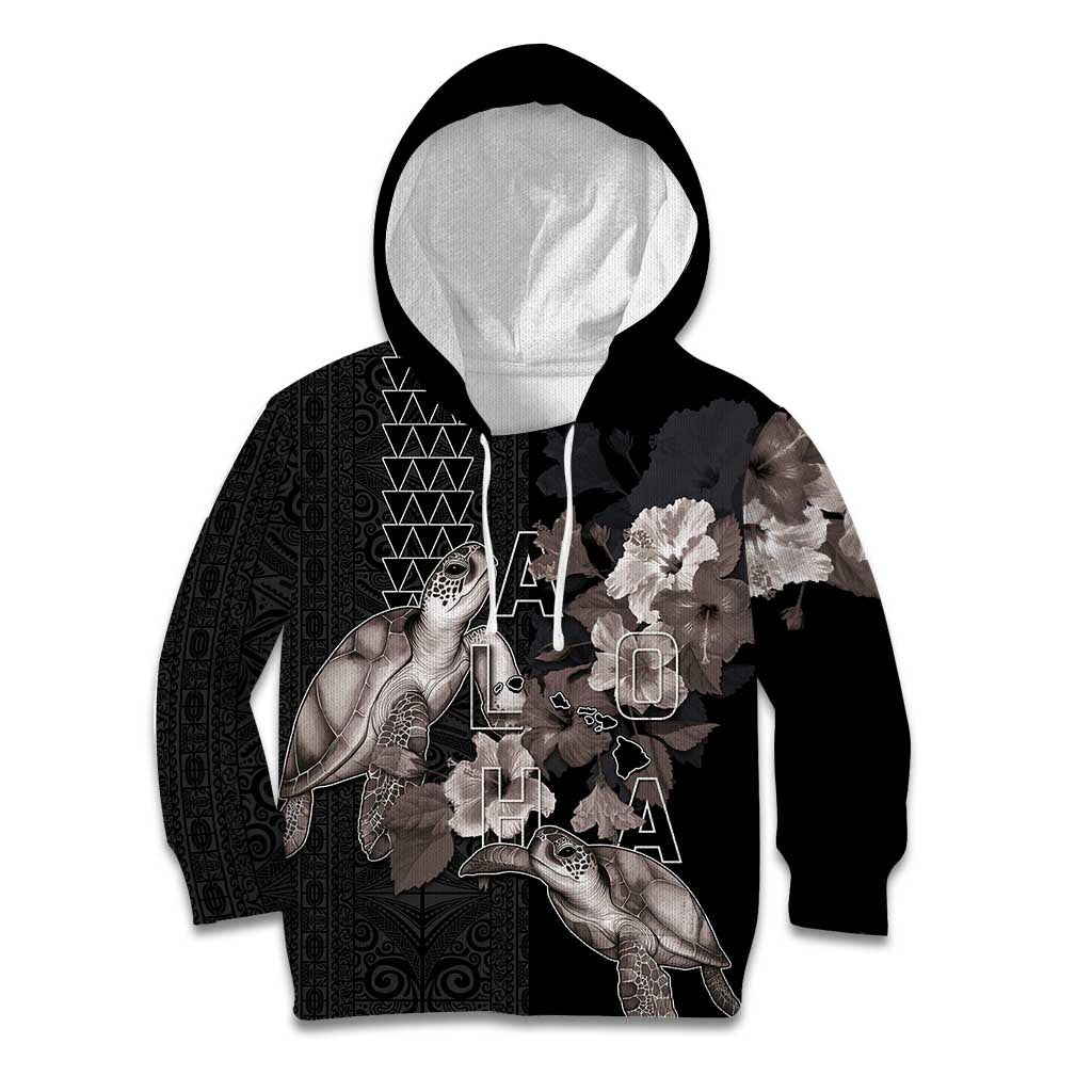 Hawaii Aloha Turtle Hibiscus and Leaves Kid Hoodie with Polynesian and Kakau Tattoos Black Color - Polynesian Pride
