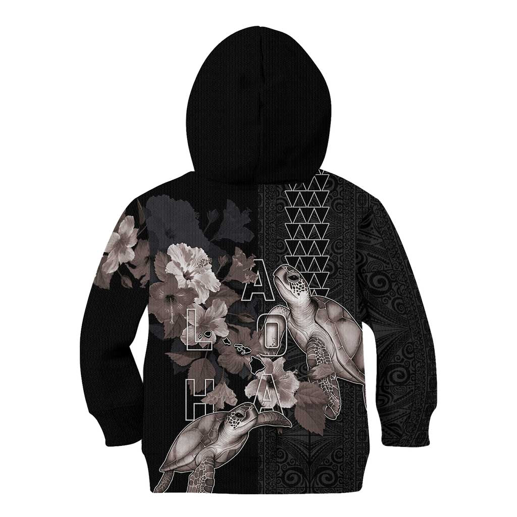 Hawaii Aloha Turtle Hibiscus and Leaves Kid Hoodie with Polynesian and Kakau Tattoos Black Color - Polynesian Pride