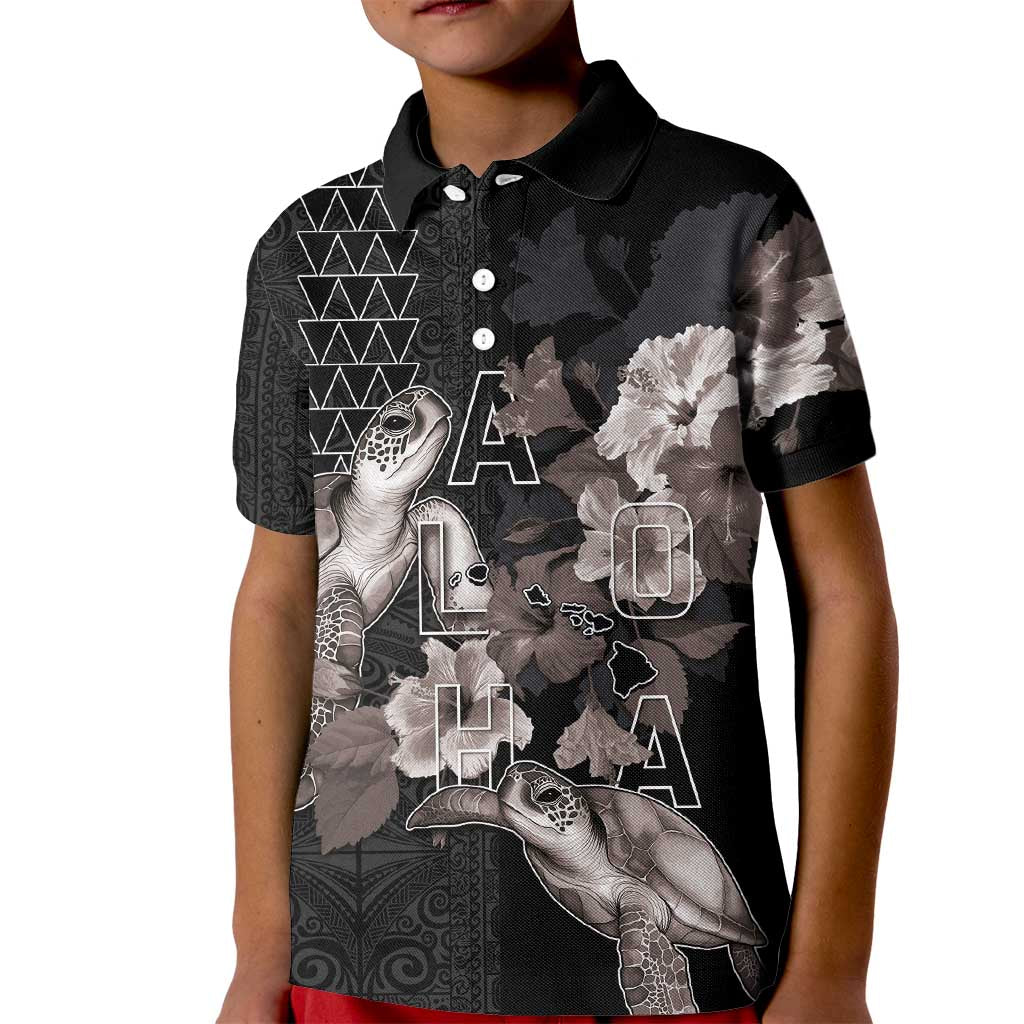 Hawaii Aloha Turtle Hibiscus and Leaves Kid Polo Shirt with Polynesian and Kakau Tattoos Black Color - Polynesian Pride