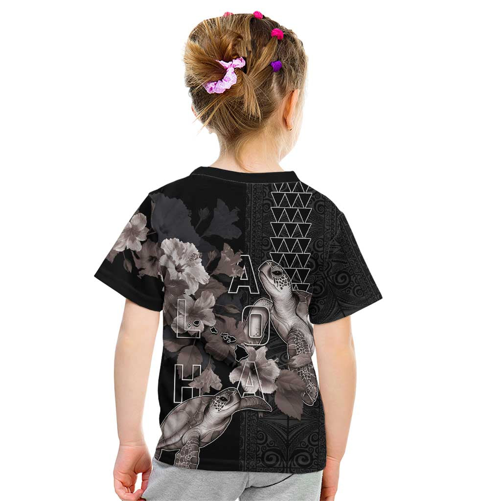 Hawaii Aloha Turtle Hibiscus and Leaves Kid T Shirt with Polynesian and Kakau Tattoos Black Color - Polynesian Pride