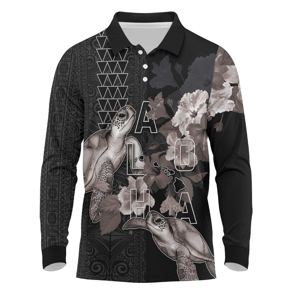 Hawaii Aloha Turtle Hibiscus and Leaves Long Sleeve Polo Shirt with Polynesian and Kakau Tattoos Black Color - Polynesian Pride