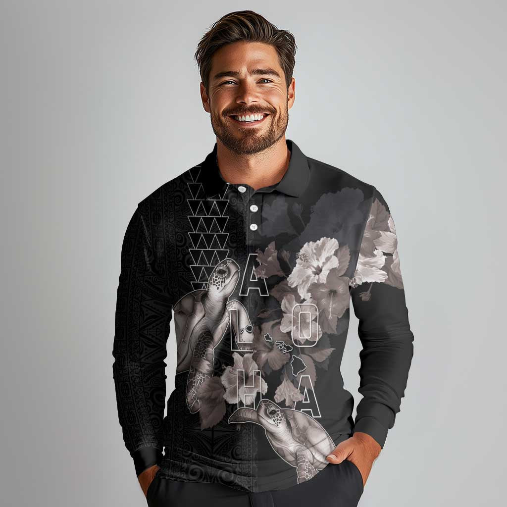 Hawaii Aloha Turtle Hibiscus and Leaves Long Sleeve Polo Shirt with Polynesian and Kakau Tattoos Black Color - Polynesian Pride