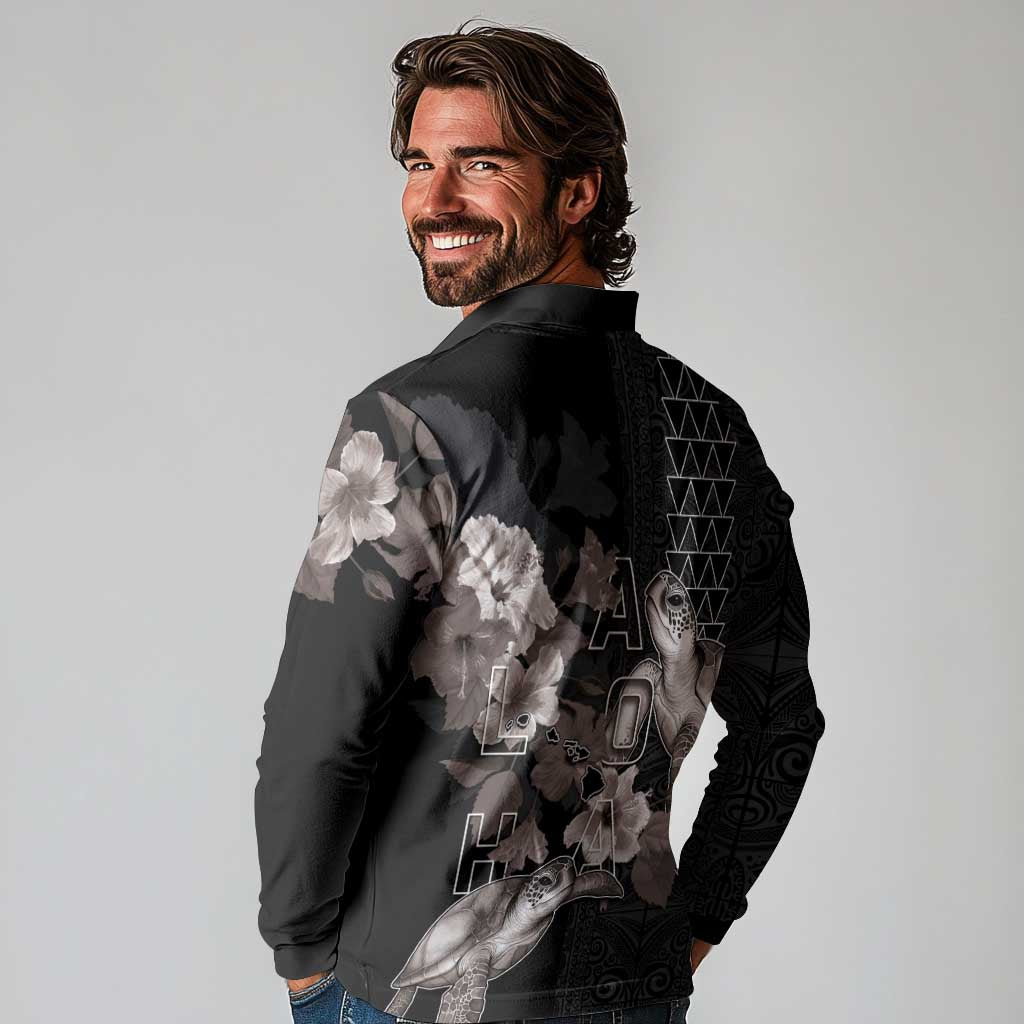 Hawaii Aloha Turtle Hibiscus and Leaves Long Sleeve Polo Shirt with Polynesian and Kakau Tattoos Black Color - Polynesian Pride