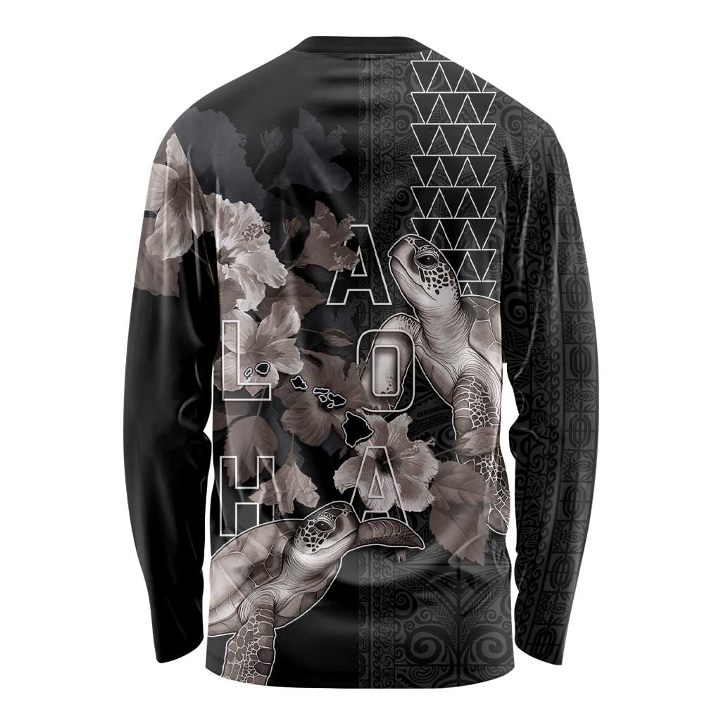 Hawaii Aloha Turtle Hibiscus and Leaves Long Sleeve Shirt with Polynesian and Kakau Tattoos Black Color - Polynesian Pride