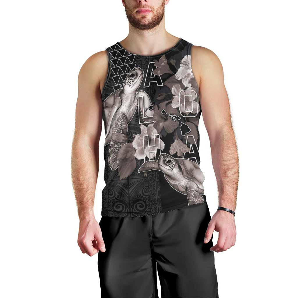 Hawaii Aloha Turtle Hibiscus and Leaves Men Tank Top with Polynesian and Kakau Tattoos Black Color LT03 - Polynesian Pride