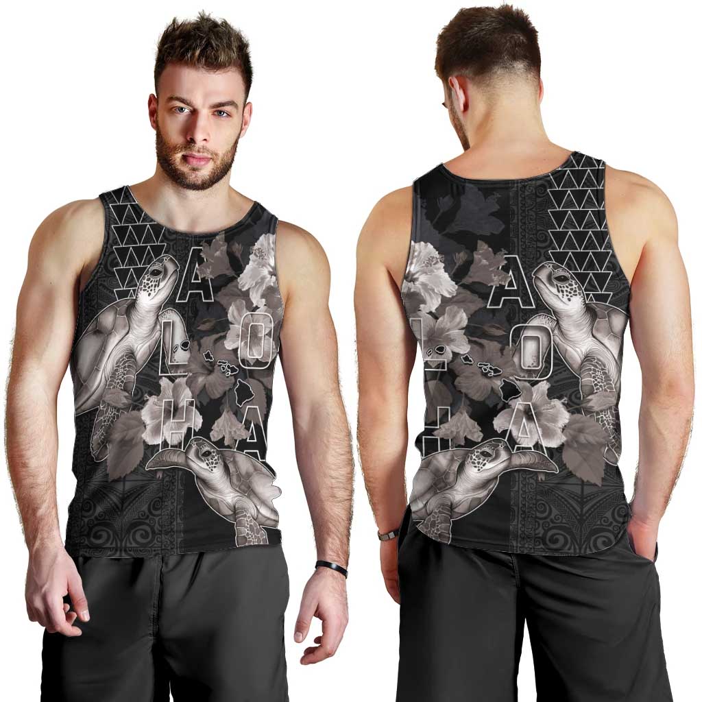 Hawaii Aloha Turtle Hibiscus and Leaves Men Tank Top with Polynesian and Kakau Tattoos Black Color LT03 - Polynesian Pride