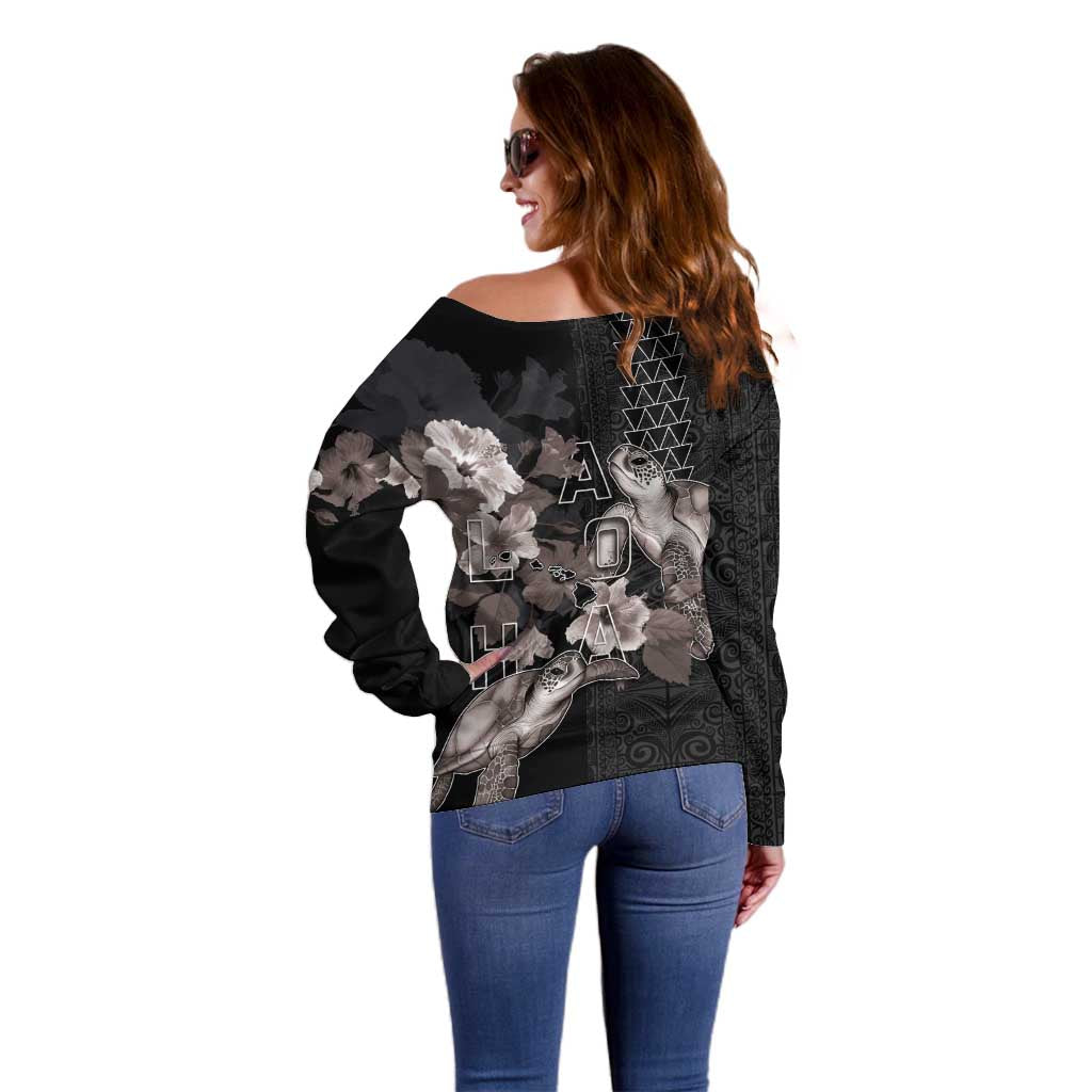 Hawaii Aloha Turtle Hibiscus and Leaves Off Shoulder Sweater with Polynesian and Kakau Tattoos Black Color - Polynesian Pride