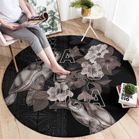 Hawaii Aloha Turtle Hibiscus and Leaves Round Carpet with Polynesian and Kakau Tattoos Black Color LT03 - Polynesian Pride