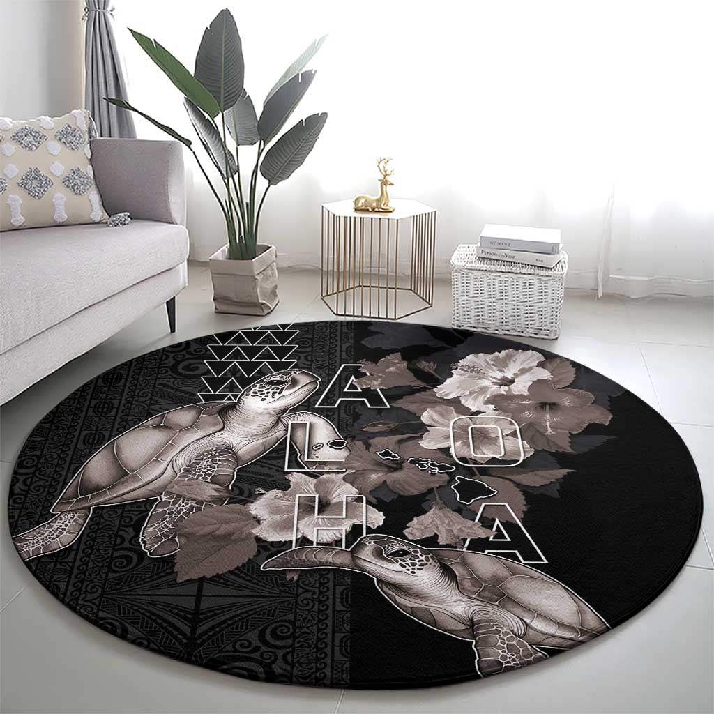 Hawaii Aloha Turtle Hibiscus and Leaves Round Carpet with Polynesian and Kakau Tattoos Black Color LT03 - Polynesian Pride
