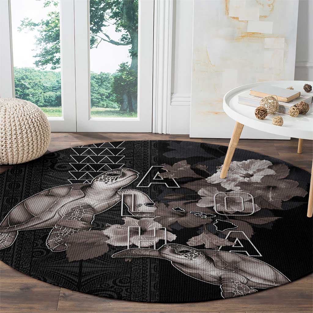 Hawaii Aloha Turtle Hibiscus and Leaves Round Carpet with Polynesian and Kakau Tattoos Black Color LT03 - Polynesian Pride