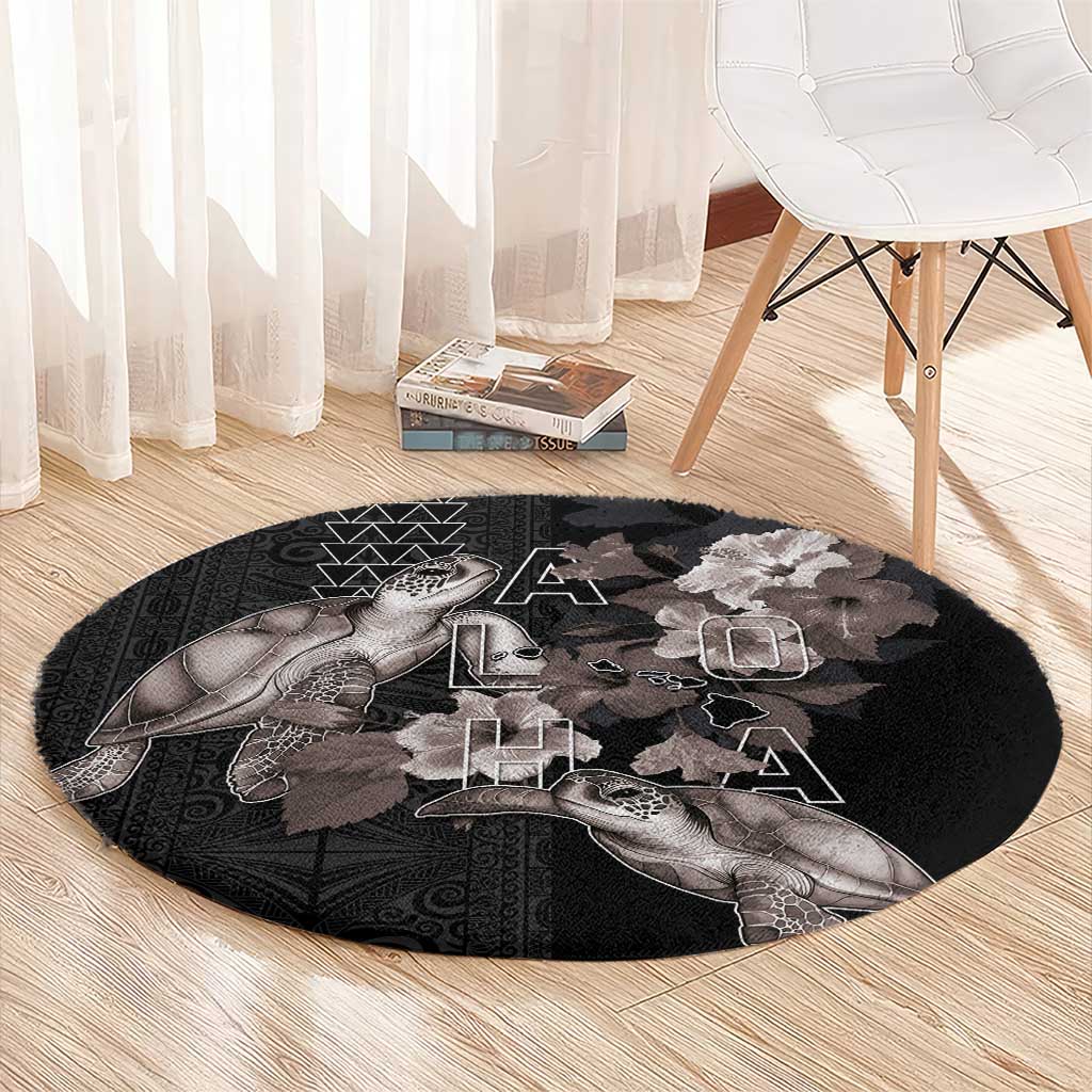 Hawaii Aloha Turtle Hibiscus and Leaves Round Carpet with Polynesian and Kakau Tattoos Black Color LT03 - Polynesian Pride