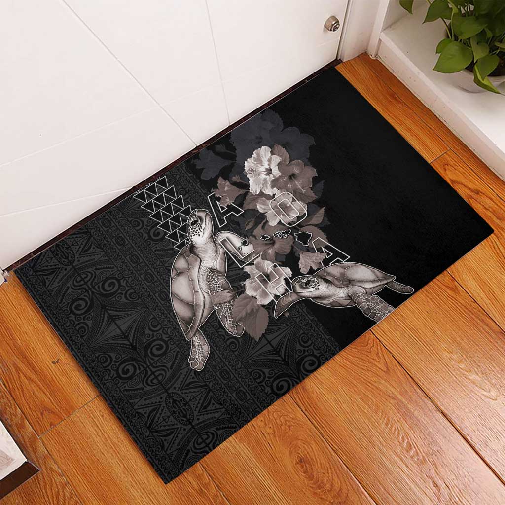 Hawaii Aloha Turtle Hibiscus and Leaves Rubber Doormat with Polynesian and Kakau Tattoos Black Color - Polynesian Pride
