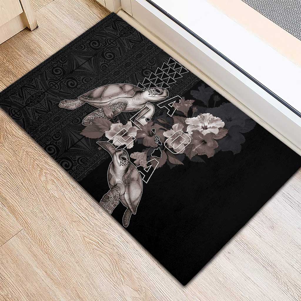Hawaii Aloha Turtle Hibiscus and Leaves Rubber Doormat with Polynesian and Kakau Tattoos Black Color - Polynesian Pride
