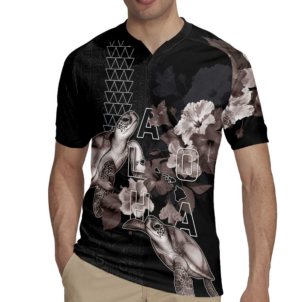 Hawaii Aloha Turtle Hibiscus and Leaves Rugby Jersey with Polynesian and Kakau Tattoos Black Color - Polynesian Pride