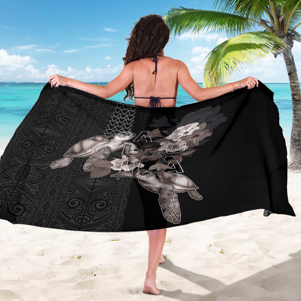 Hawaii Aloha Turtle Hibiscus and Leaves Sarong with Polynesian and Kakau Tattoos Black Color - Polynesian Pride