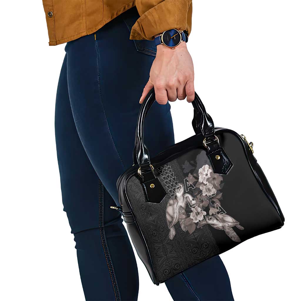 Hawaii Aloha Turtle Hibiscus and Leaves Shoulder Handbag with Polynesian and Kakau Tattoos Black Color LT03 - Polynesian Pride