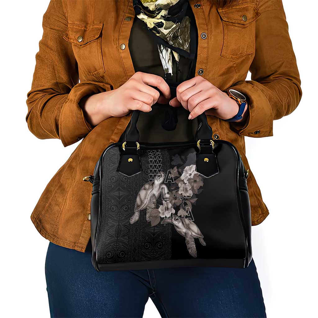 Hawaii Aloha Turtle Hibiscus and Leaves Shoulder Handbag with Polynesian and Kakau Tattoos Black Color LT03 - Polynesian Pride