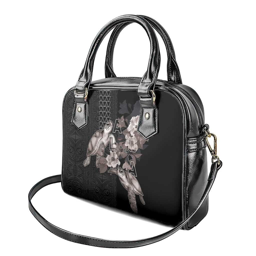 Hawaii Aloha Turtle Hibiscus and Leaves Shoulder Handbag with Polynesian and Kakau Tattoos Black Color LT03 - Polynesian Pride
