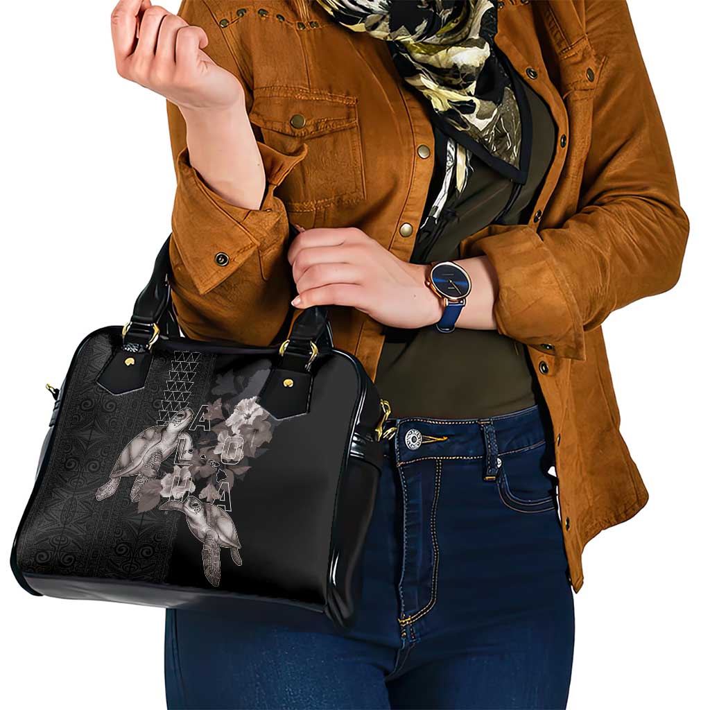Hawaii Aloha Turtle Hibiscus and Leaves Shoulder Handbag with Polynesian and Kakau Tattoos Black Color LT03 - Polynesian Pride