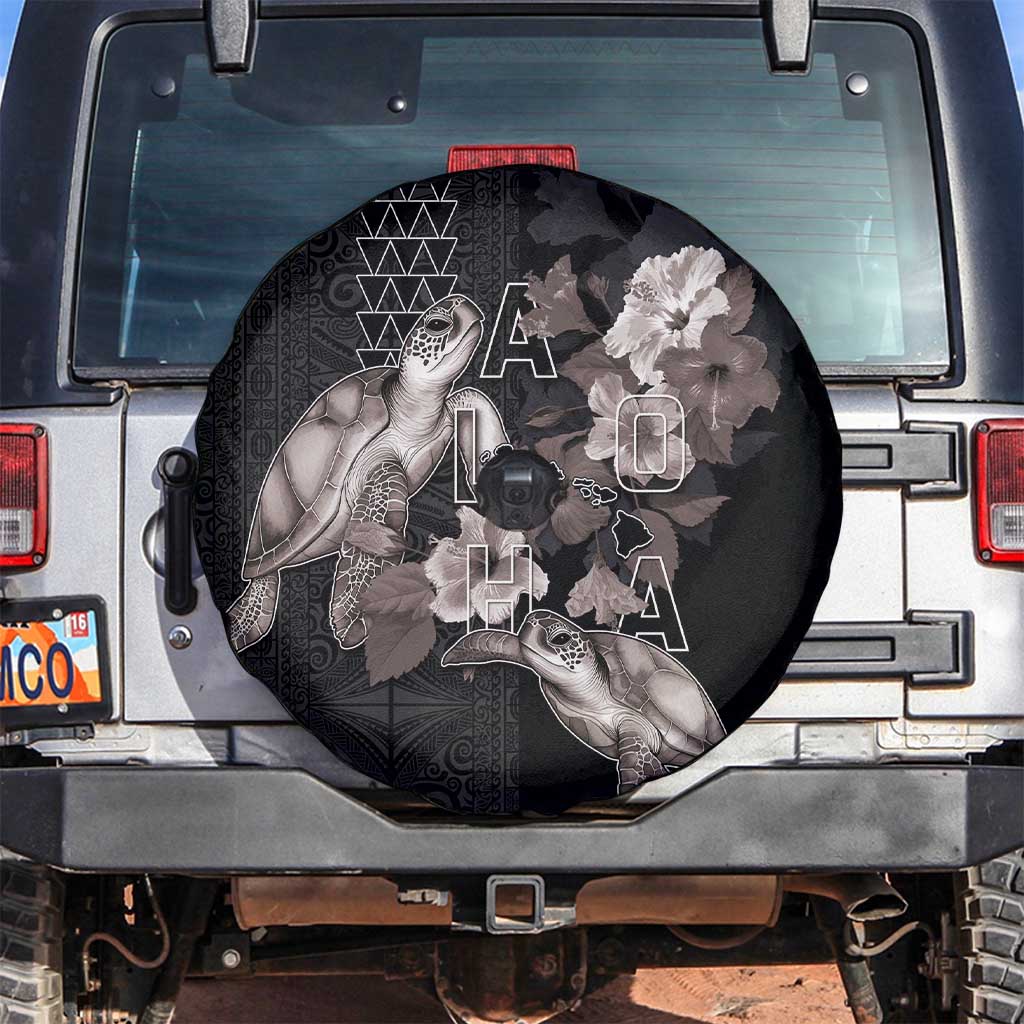 Hawaii Aloha Turtle Hibiscus and Leaves Spare Tire Cover with Polynesian and Kakau Tattoos Black Color - Polynesian Pride