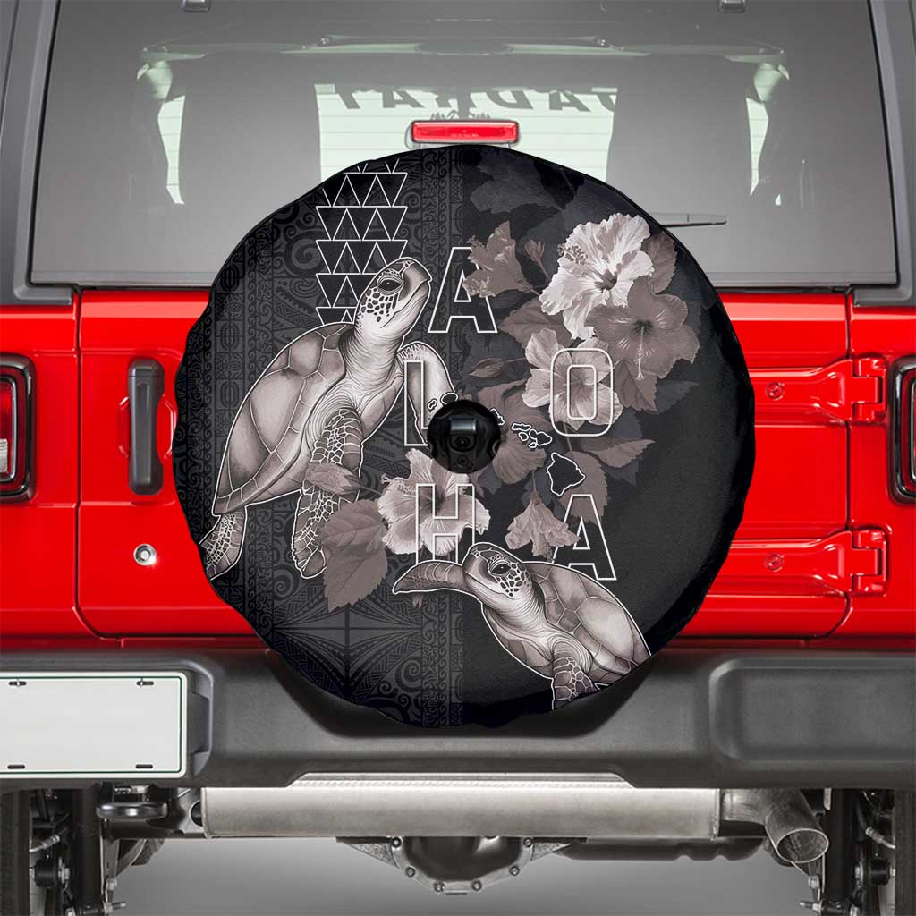 Hawaii Aloha Turtle Hibiscus and Leaves Spare Tire Cover with Polynesian and Kakau Tattoos Black Color - Polynesian Pride