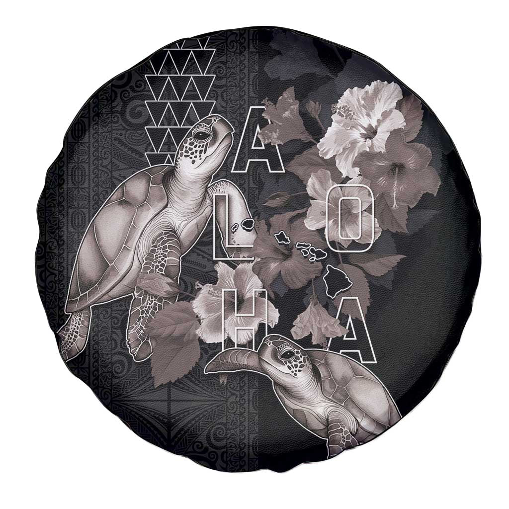 Hawaii Aloha Turtle Hibiscus and Leaves Spare Tire Cover with Polynesian and Kakau Tattoos Black Color - Polynesian Pride