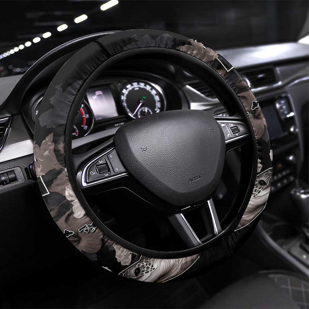 Hawaii Aloha Turtle Hibiscus and Leaves Steering Wheel Cover with Polynesian and Kakau Tattoos Black Color - Polynesian Pride