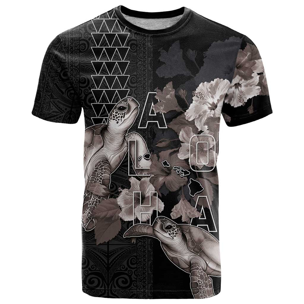 Hawaii Aloha Turtle Hibiscus and Leaves T Shirt with Polynesian and Kakau Tattoos Black Color - Polynesian Pride
