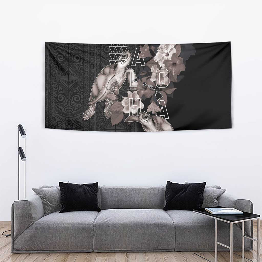 Hawaii Aloha Turtle Hibiscus and Leaves Tapestry with Polynesian and Kakau Tattoos Black Color - Polynesian Pride