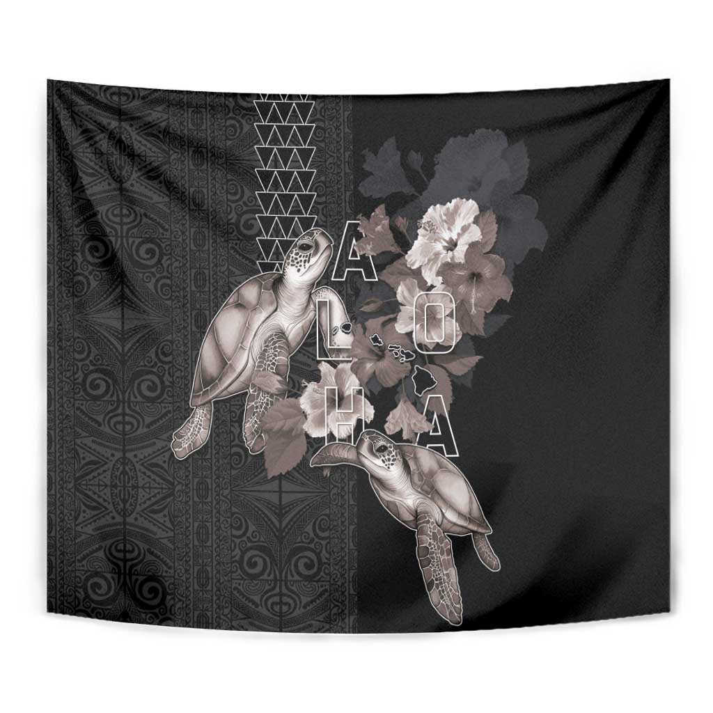 Hawaii Aloha Turtle Hibiscus and Leaves Tapestry with Polynesian and Kakau Tattoos Black Color - Polynesian Pride