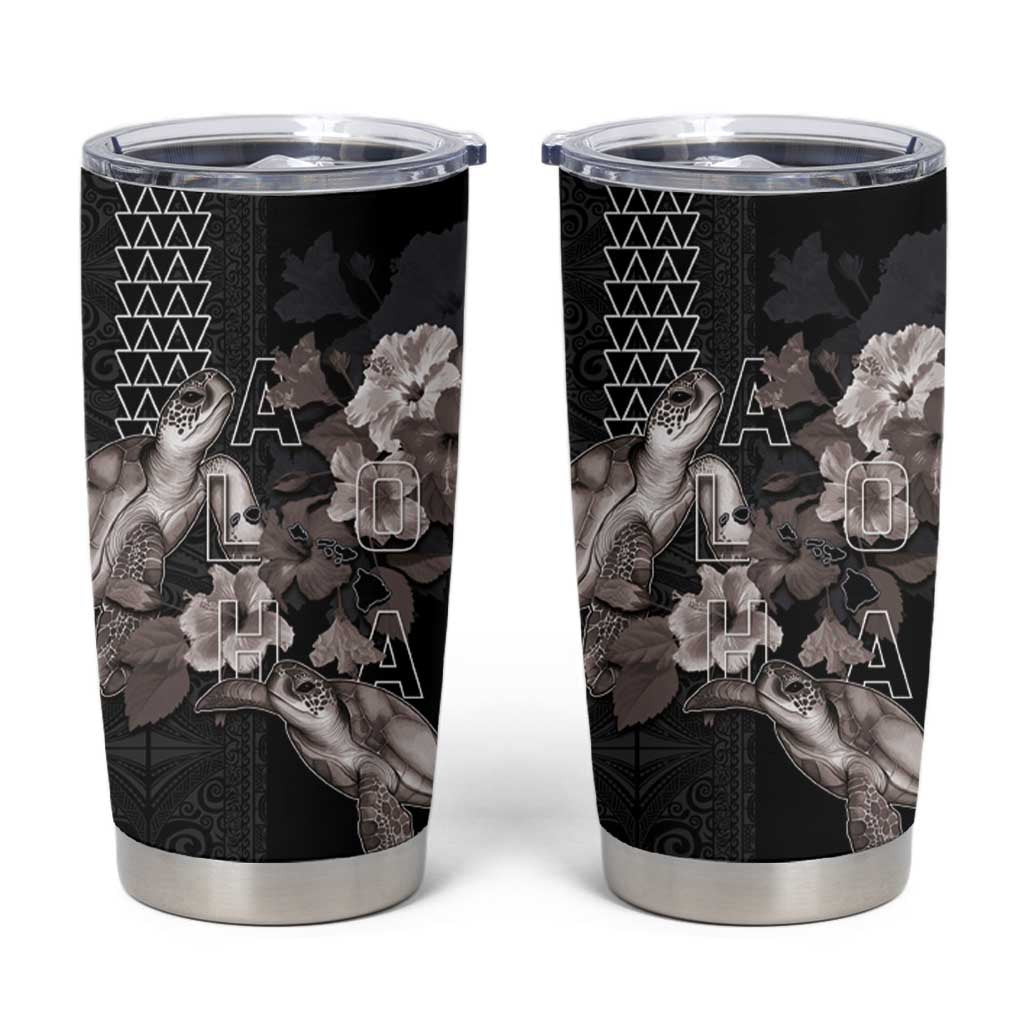 Hawaii Aloha Turtle Hibiscus and Leaves Tumbler Cup with Polynesian and Kakau Tattoos Black Color - Polynesian Pride