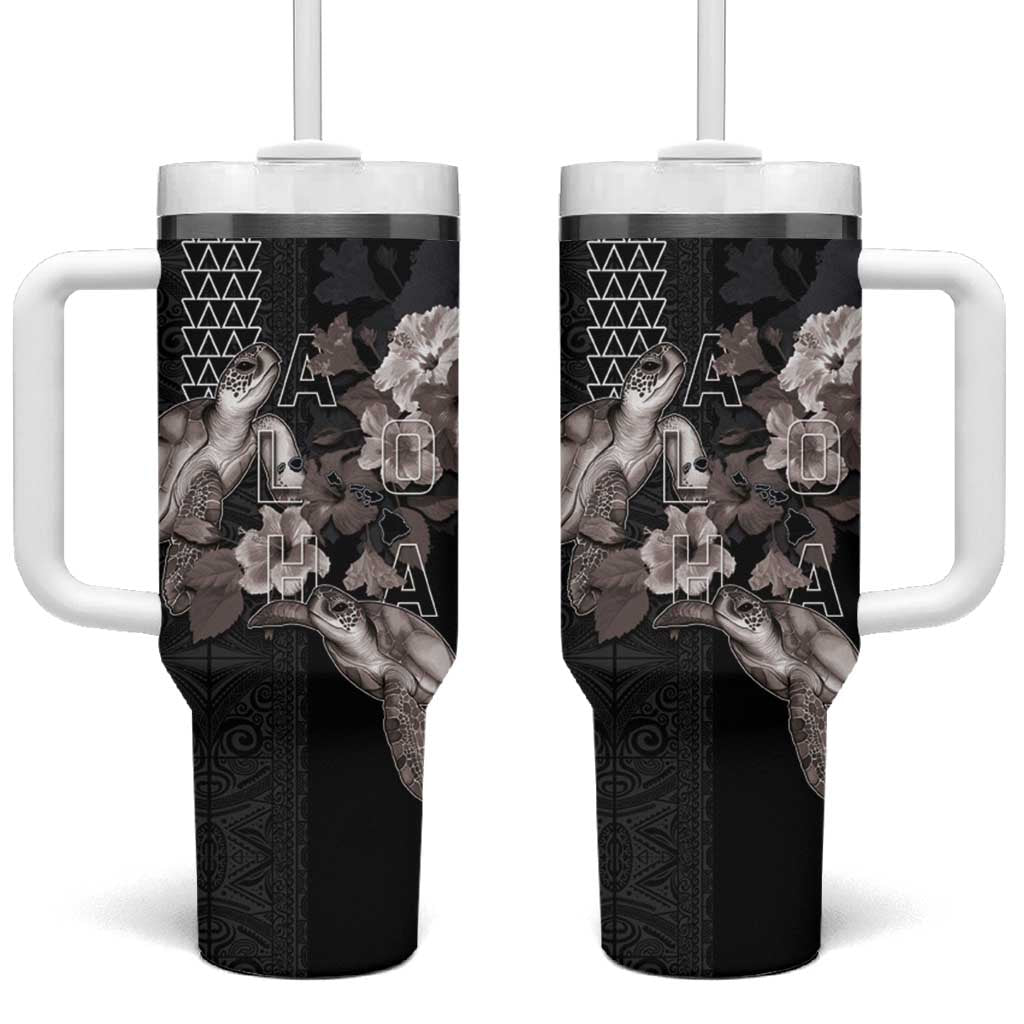 Hawaii Aloha Turtle Hibiscus and Leaves Tumbler With Handle with Polynesian and Kakau Tattoos Black Color - Polynesian Pride