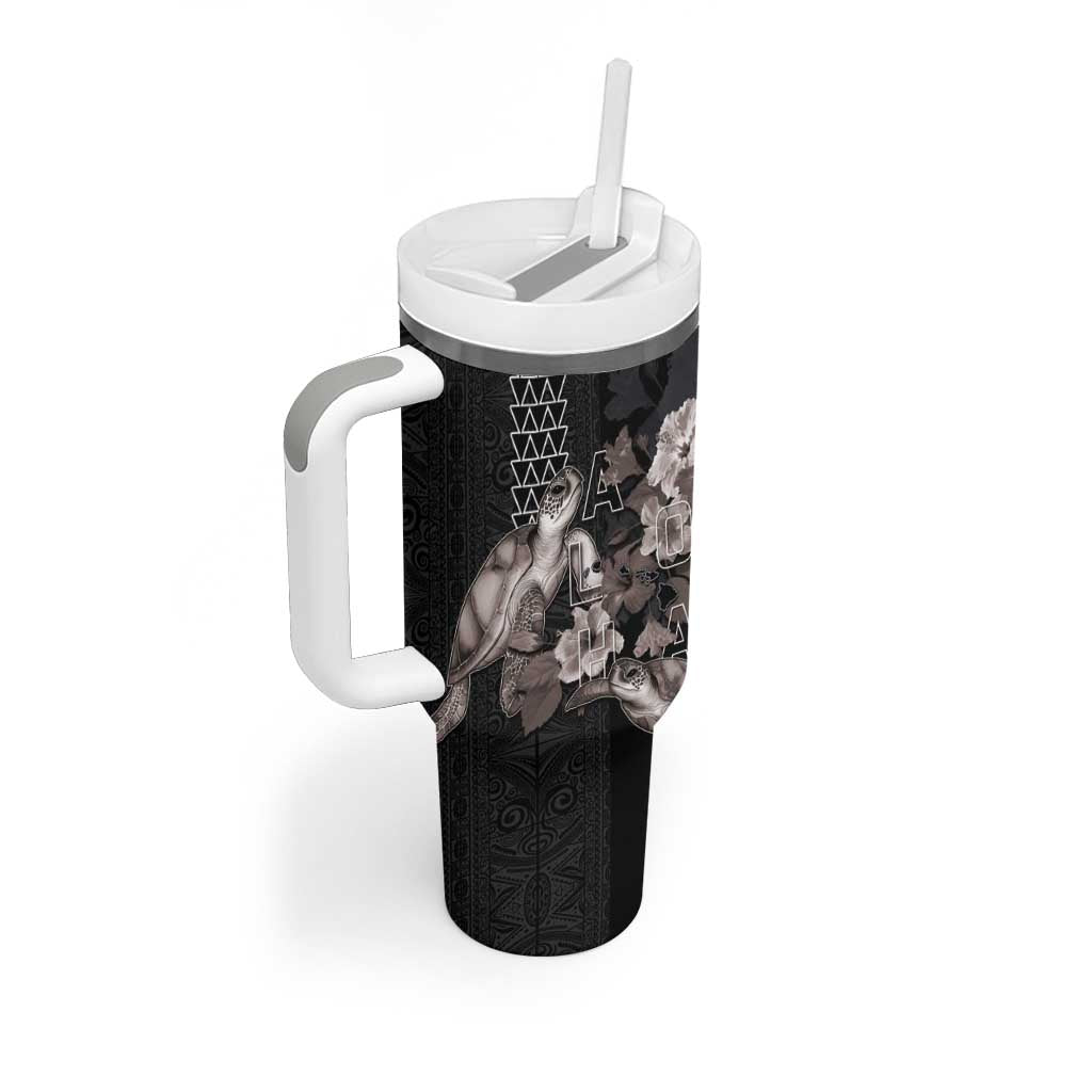 Hawaii Aloha Turtle Hibiscus and Leaves Tumbler With Handle with Polynesian and Kakau Tattoos Black Color - Polynesian Pride