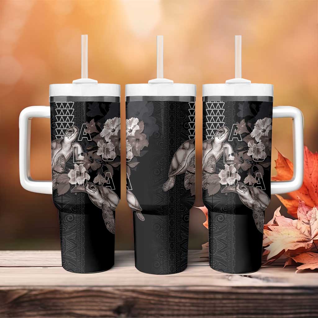 Hawaii Aloha Turtle Hibiscus and Leaves Tumbler With Handle with Polynesian and Kakau Tattoos Black Color - Polynesian Pride