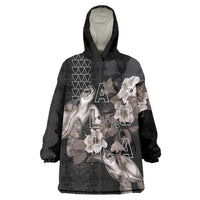 Hawaii Aloha Turtle Hibiscus and Leaves Wearable Blanket Hoodie with Polynesian and Kakau Tattoos Black Color - Polynesian Pride