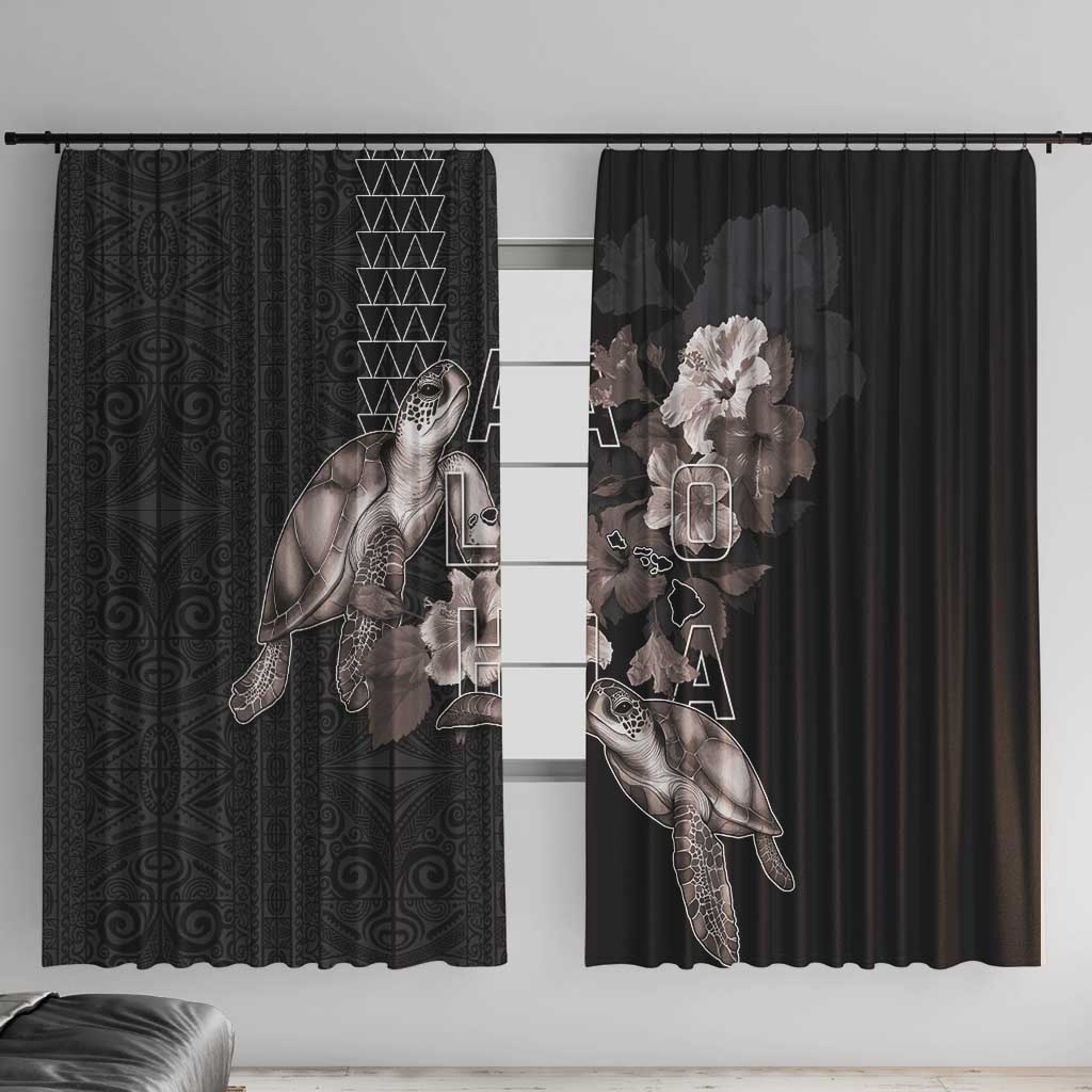 Hawaii Aloha Turtle Hibiscus and Leaves Window Curtain with Polynesian and Kakau Tattoos Black Color LT03 With Hooks Black - Polynesian Pride