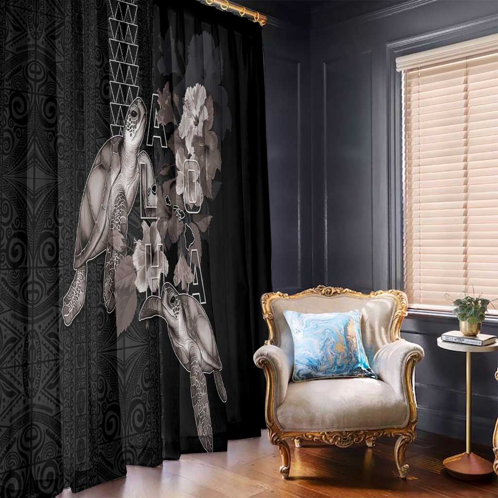Hawaii Aloha Turtle Hibiscus and Leaves Window Curtain with Polynesian and Kakau Tattoos Black Color LT03 - Polynesian Pride