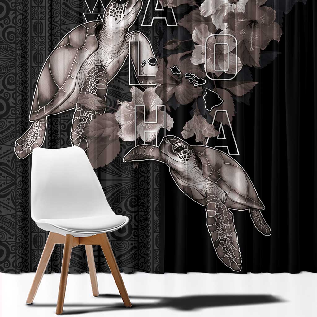 Hawaii Aloha Turtle Hibiscus and Leaves Window Curtain with Polynesian and Kakau Tattoos Black Color LT03 - Polynesian Pride