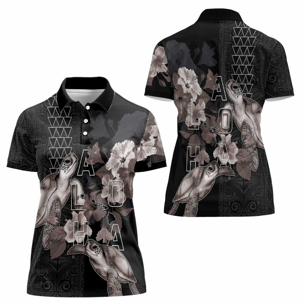 Hawaii Aloha Turtle Hibiscus and Leaves Women Polo Shirt with Polynesian and Kakau Tattoos Black Color - Polynesian Pride