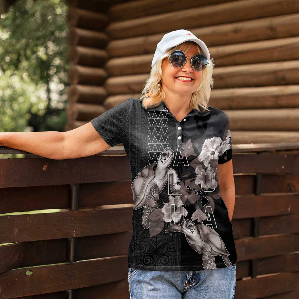 Hawaii Aloha Turtle Hibiscus and Leaves Women Polo Shirt with Polynesian and Kakau Tattoos Black Color - Polynesian Pride