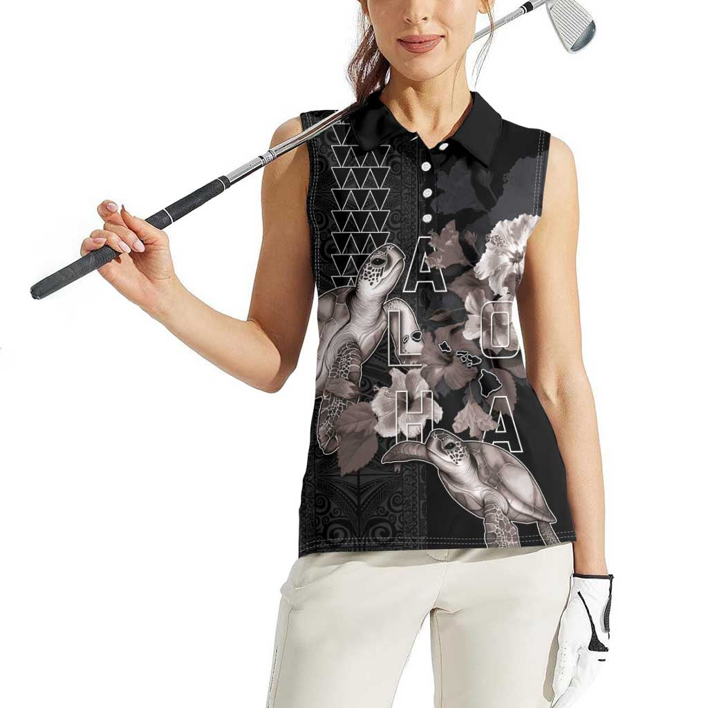 Hawaii Aloha Turtle Hibiscus and Leaves Women Sleeveless Polo Shirt with Polynesian and Kakau Tattoos Black Color - Polynesian Pride