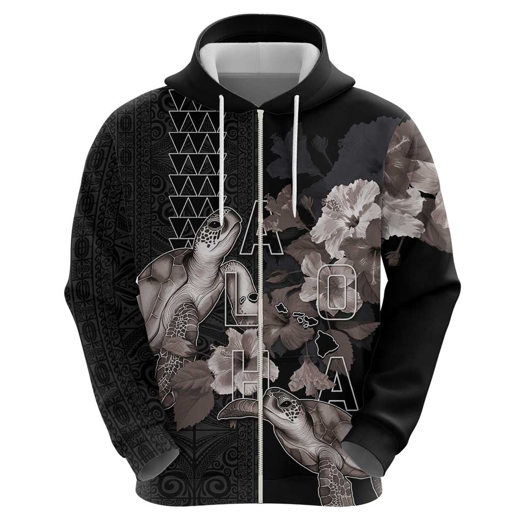 Hawaii Aloha Turtle Hibiscus and Leaves Zip Hoodie with Polynesian and Kakau Tattoos Black Color - Polynesian Pride