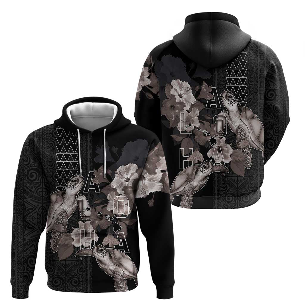 Hawaii Aloha Turtle Hibiscus and Leaves Zip Hoodie with Polynesian and Kakau Tattoos Black Color - Polynesian Pride