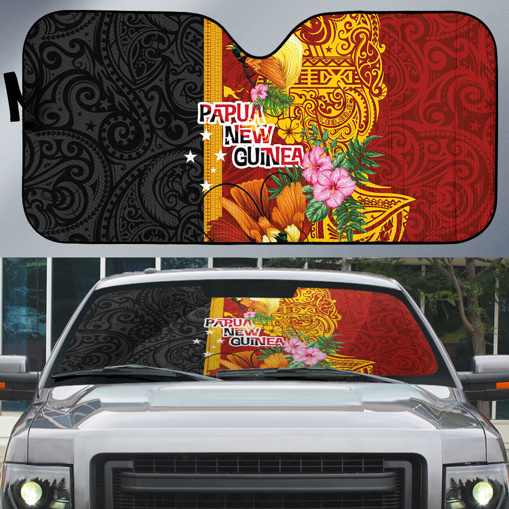 Papua New Guinea Independence Day Auto Sun Shade Birds-of-Paradise Melanesian Tattoos Tropical Plants LT03 Multicolor - Polynesian Pride