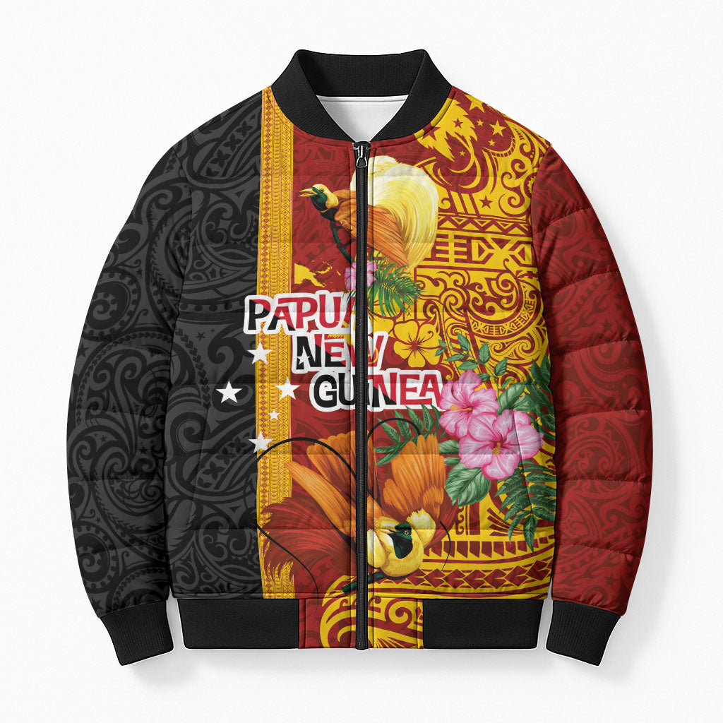 Papua New Guinea Independence Day Bomber Puffer Jacket Birds-of-Paradise Melanesian Tattoos Tropical Plants
